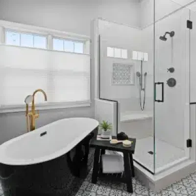 Luxury master bathroom in Palatine featuring a black freestanding soaking tub, brushed gold fixtures, and a frameless glass walk-in shower.