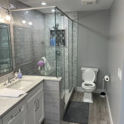 Modern bathroom remodel in Palatine featuring a frameless glass shower enclosure, grey subway tile walls, a built-in hexagon tile niche, and chrome fixtures.